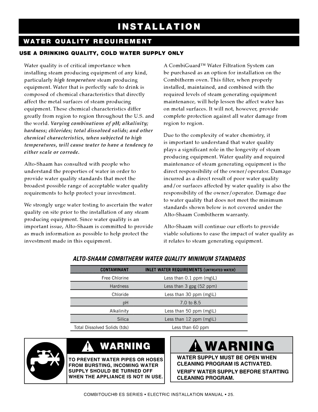 Alto-Shaam VHes-10, VHes-5, 1220, 610, 714, 1010, 2020, 1018 manual Water quality requirement 