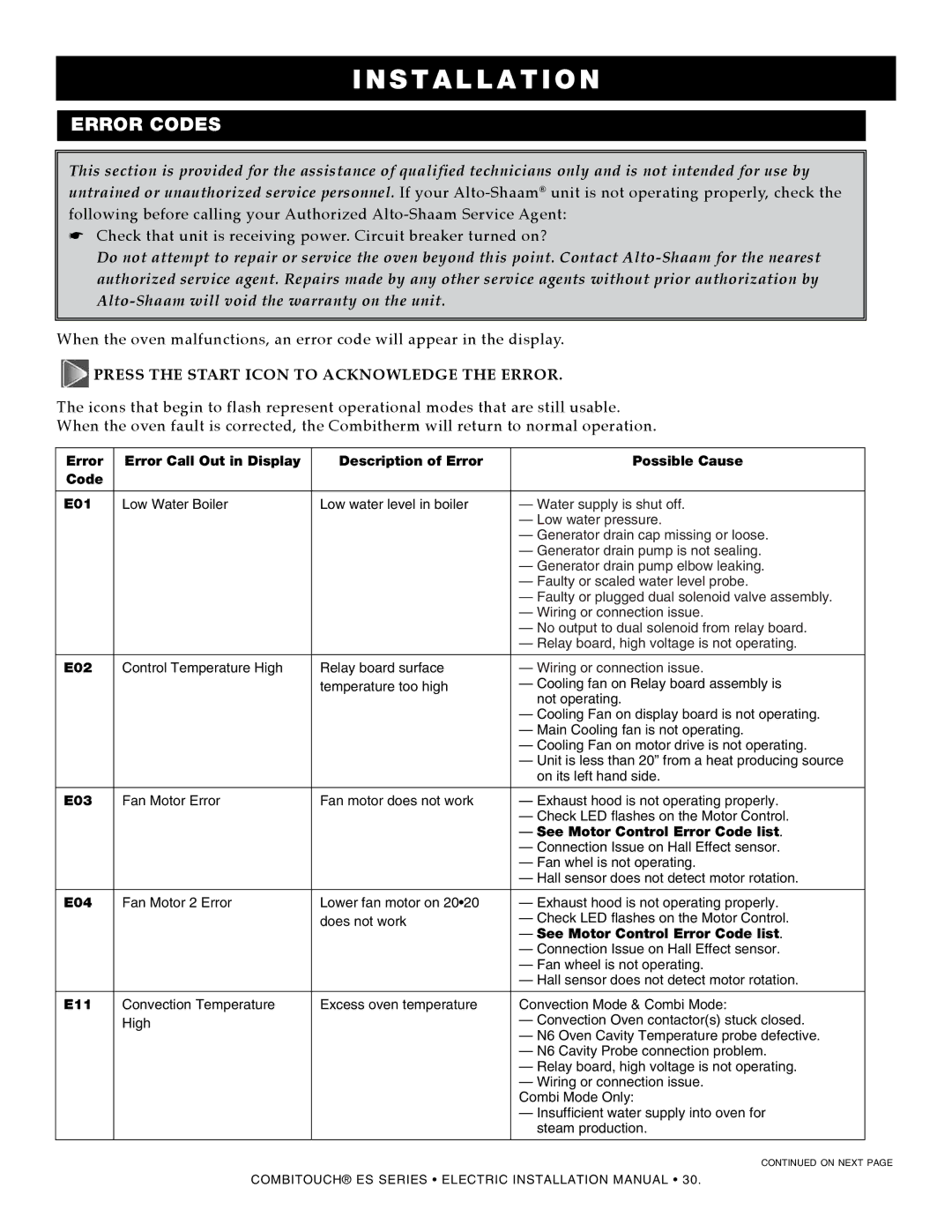 Alto-Shaam 1010, VHes-10, VHes-5, 1220, 610, 714, 2020, 1018 manual Error codes, Press the Start Icon to Acknowledge the Error 