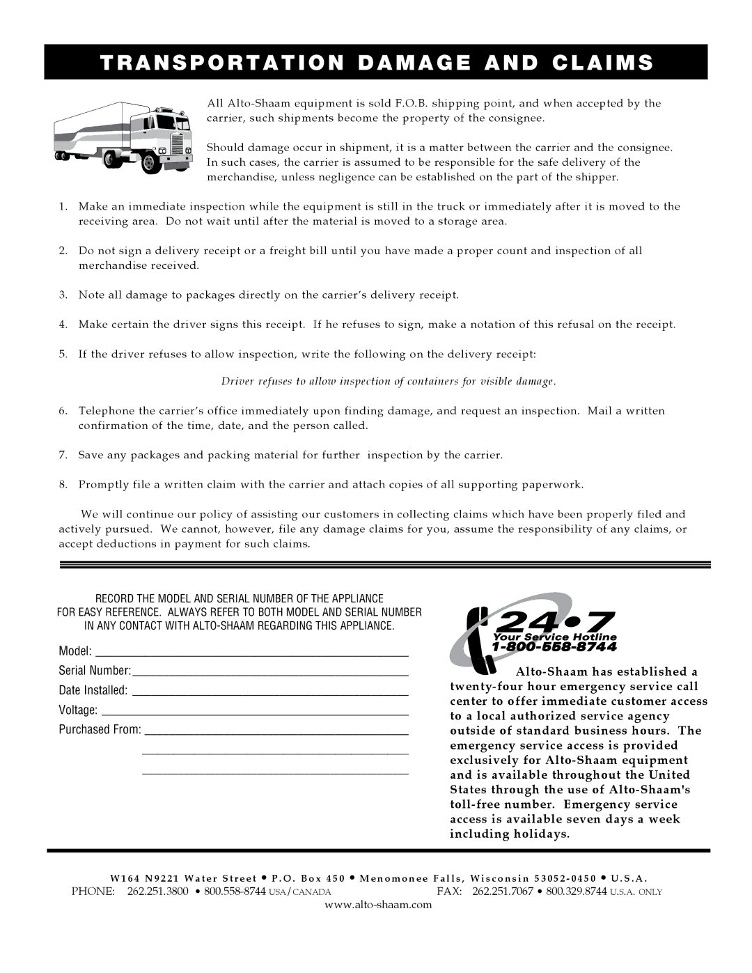 Alto-Shaam 1010, VHes-10, VHes-5, 1220, 610, 714, 2020, 1018 manual TRansportation damage and claims 