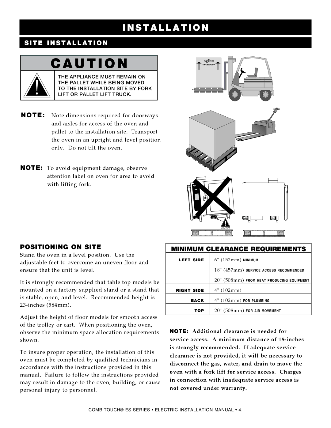 Alto-Shaam 2020, VHes-10, VHes-5, 1220, 610, 714, 1010, 1018 manual Positioning on site, Minimum Clearance Requirements 