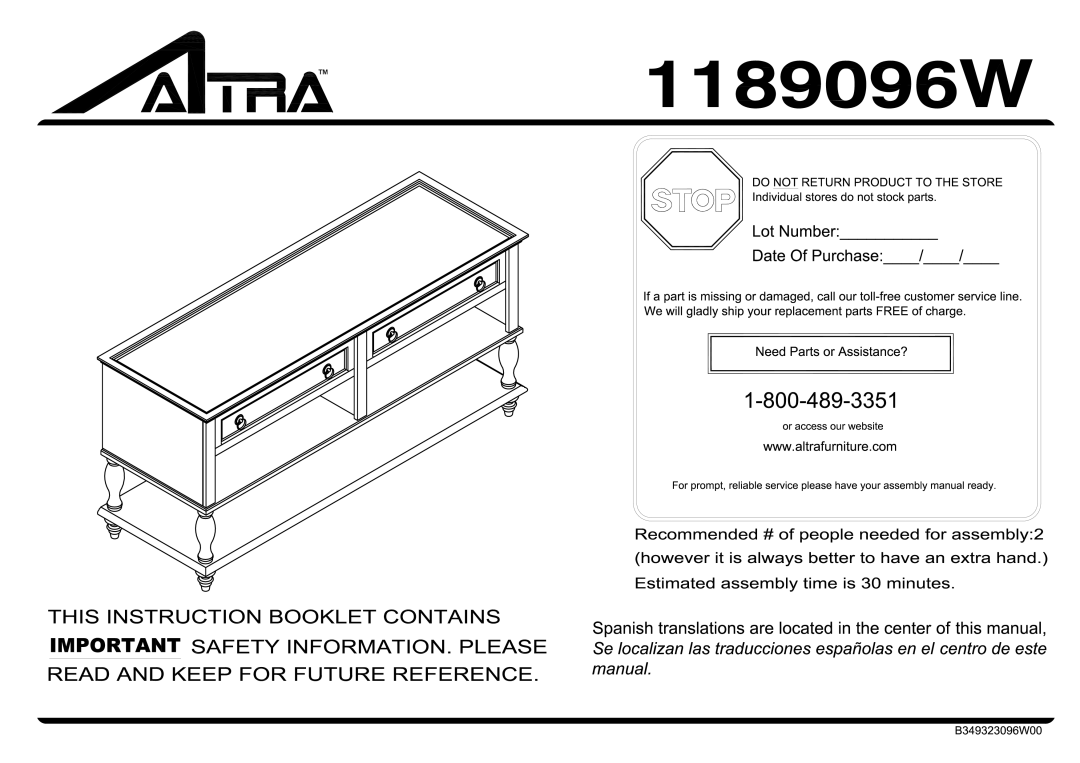 Altra Parsons Large Coffee Table manual 