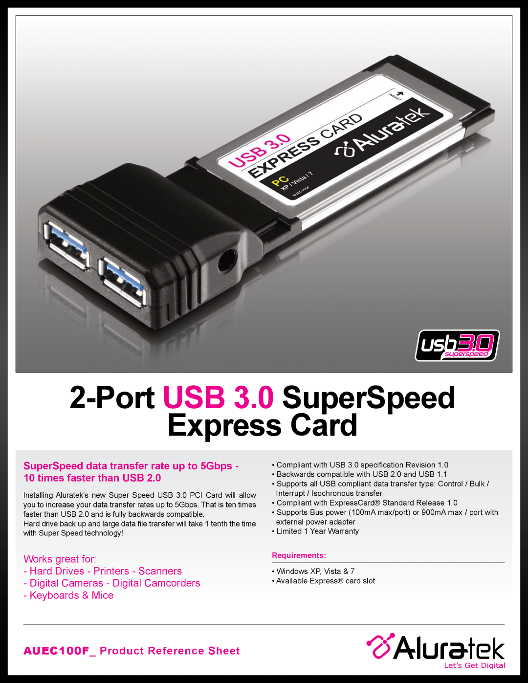 Aluratek warranty Port USB 3.0 SuperSpeed Express Card, AUEC100F Product Reference Sheet, Requirements 