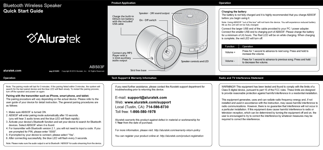 Aluratek ABS03F quick start Quick Start Guide, Mailsupport@aluratek.com, Toll free, Charging the battery 