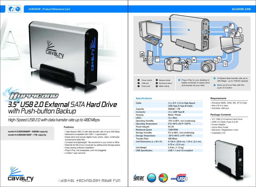 Aluratek ACBS3501000F, ACBS350500F specifications USB 2.0 External Sata Hard Drive with Push-button Backup, Aluratek.com 