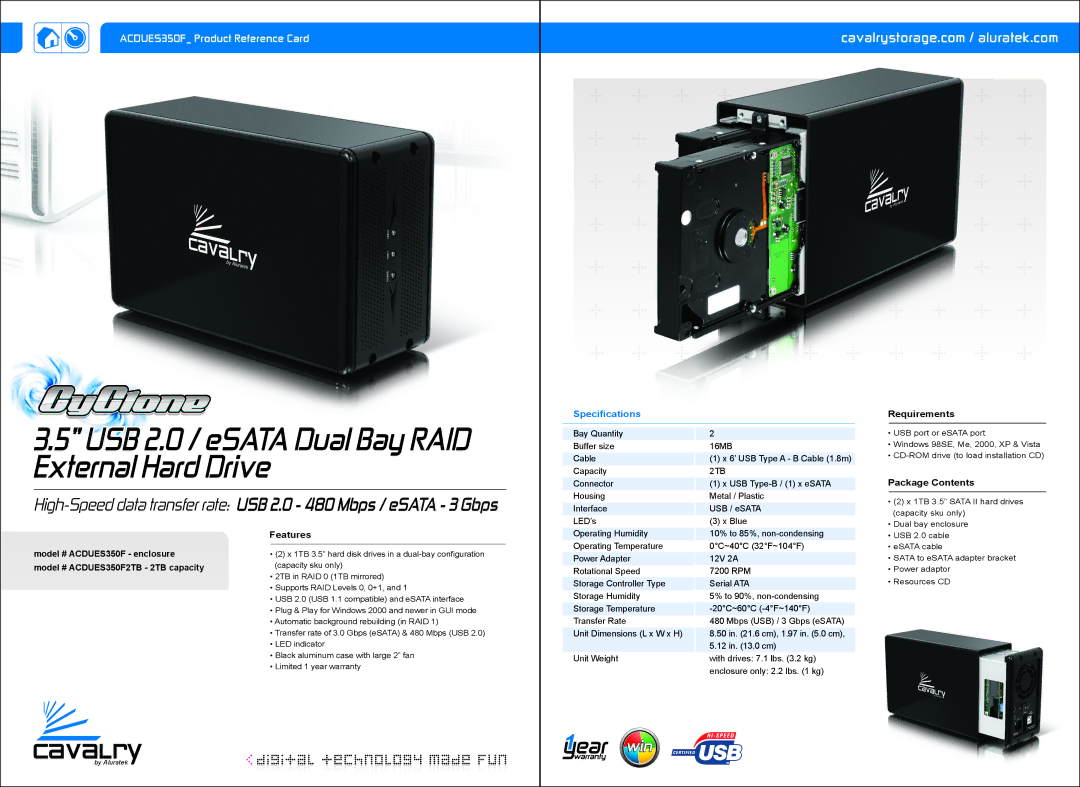 Aluratek ACDUES350F2TB warranty Externalwith PushHard-buttonDriveBackup, Requirements, Package Contents, Features 