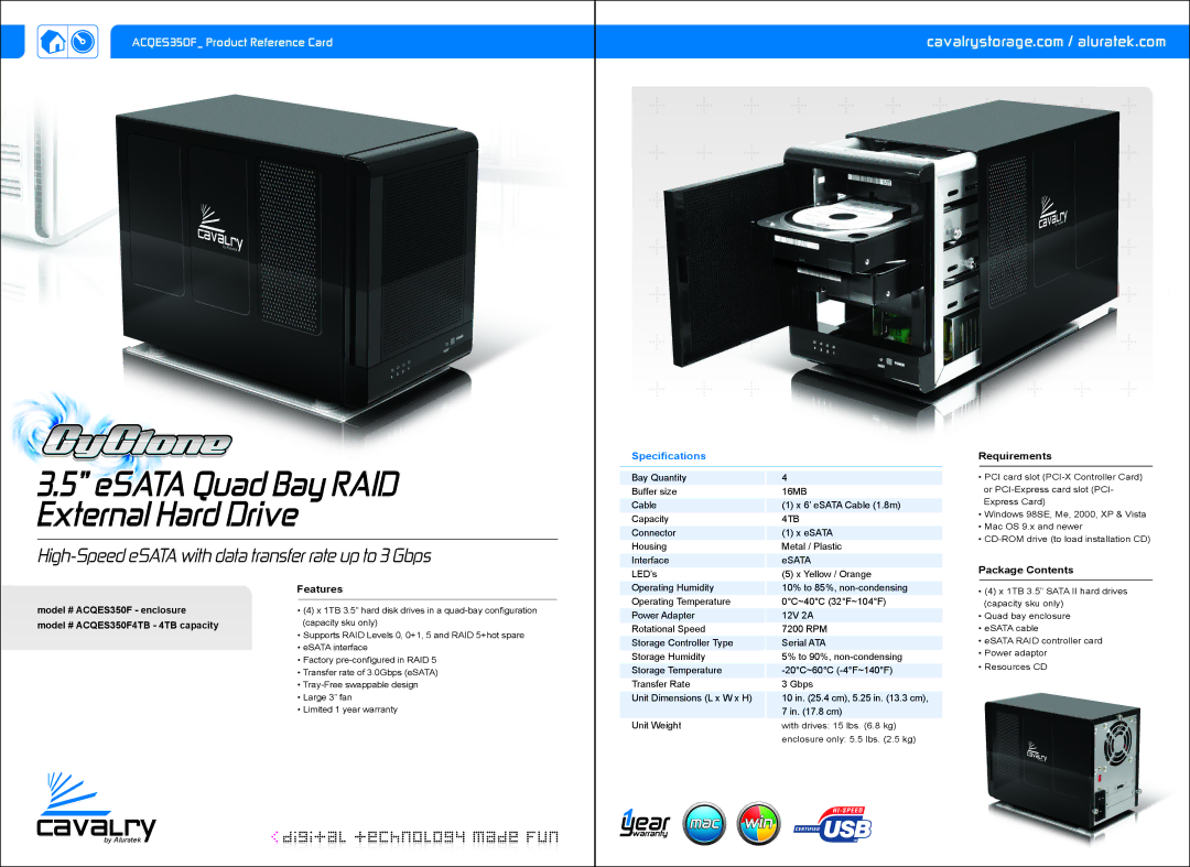 Aluratek ACQES350F warranty High-Speed eSATA with data transfer rate up to 3 Gbps, Requirements, Package Contents, 4TB 