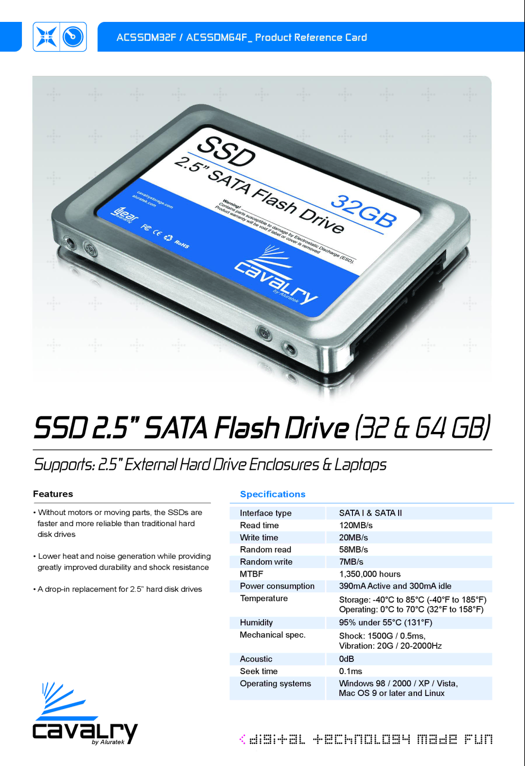 Aluratek ACSSDM32F, ACSSDM64F specifications Supports 2.5 External Hard Drive Enclosures & Laptops, Speciﬁcations, Mtbf 