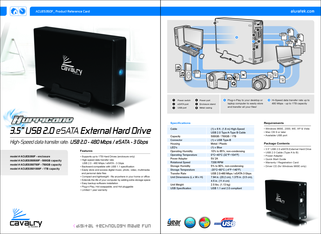 Aluratek ACUES350750F specifications 3.5” USB 2.0 eSATA External Hard Drive, aluratek.com, Speciﬁcations, Requirements 