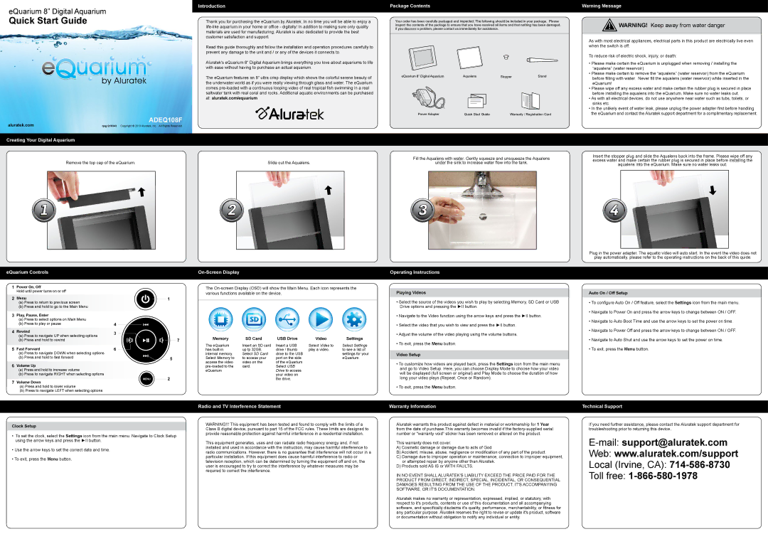 Aluratek ADEQ108F warranty Creating Your Digital Aquarium, Introduction, Package Contents, EQuarium Controls 