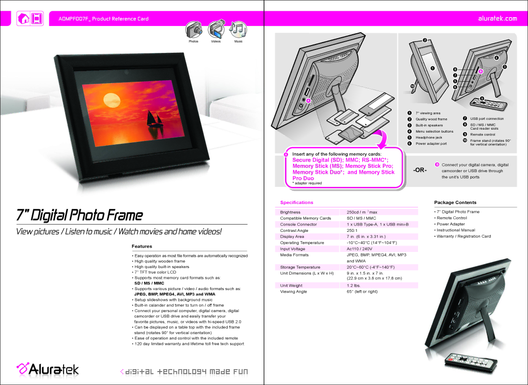 Aluratek ADMPF007F specifications Digital Photo Frame, Aluratek.com, Insert any of the following memory cards, Features 