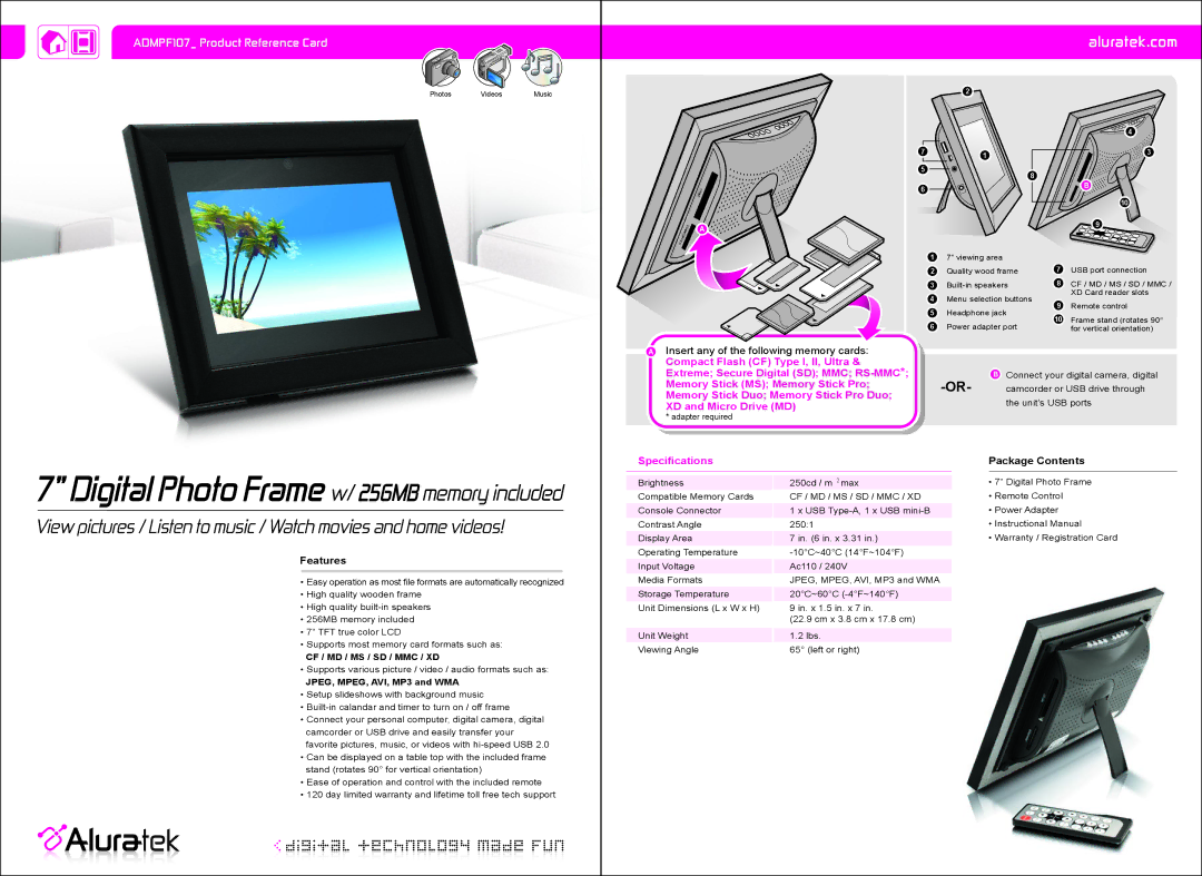 Aluratek ADMPF107 specifications Digital Photo Frame w/ 256MB memory included, Aluratek.com, Package Contents, Features 