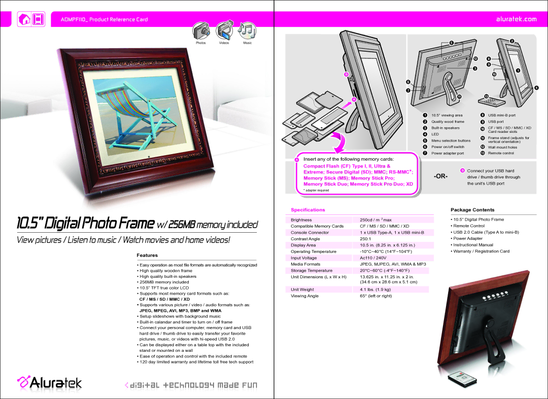 Aluratek ADMPF110 specifications Digital Photo Frame w/ 256MB memory included, Aluratek.com, Package Contents, Features 