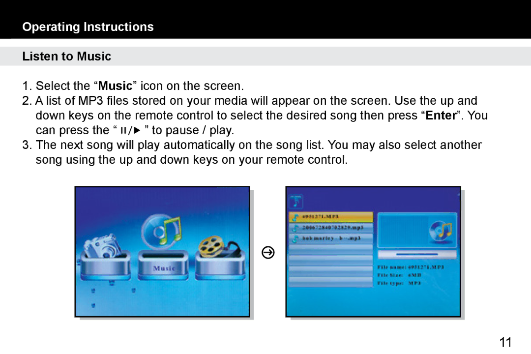 Aluratek ADMPF114F manual Listen to Music 