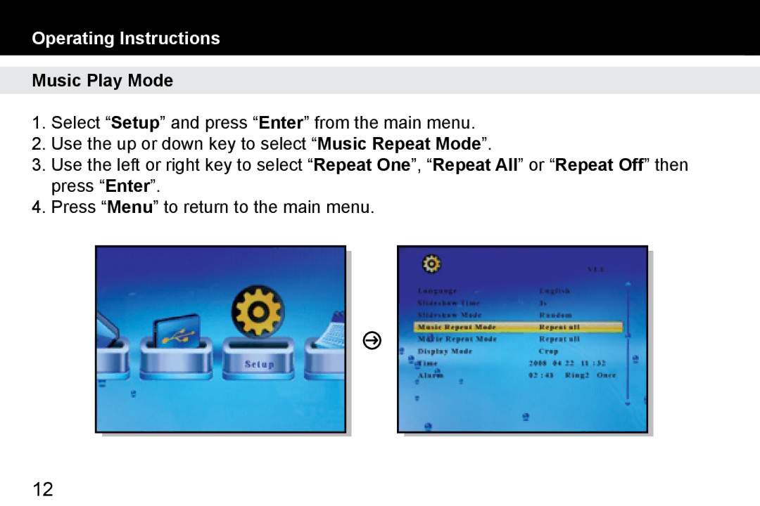 Aluratek ADMPF114F manual Music Play Mode 