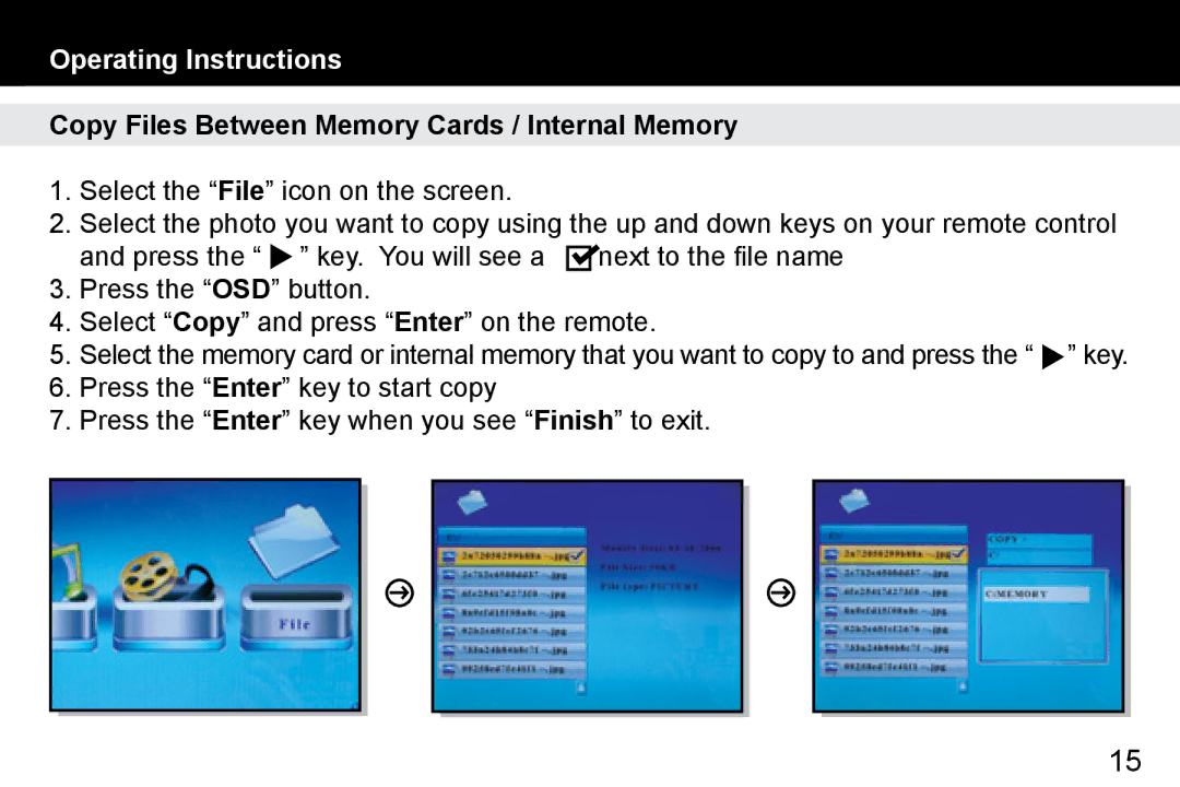 Aluratek ADMPF114F manual Copy Files Between Memory Cards / Internal Memory 