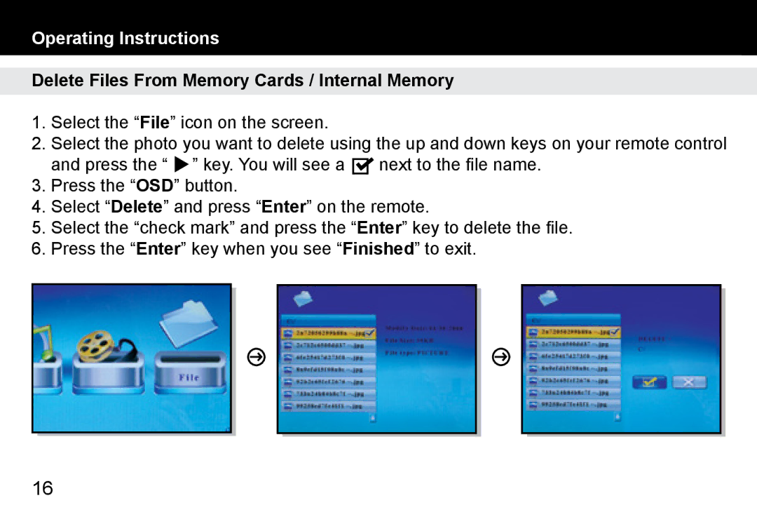 Aluratek ADMPF114F manual Delete Files From Memory Cards / Internal Memory 