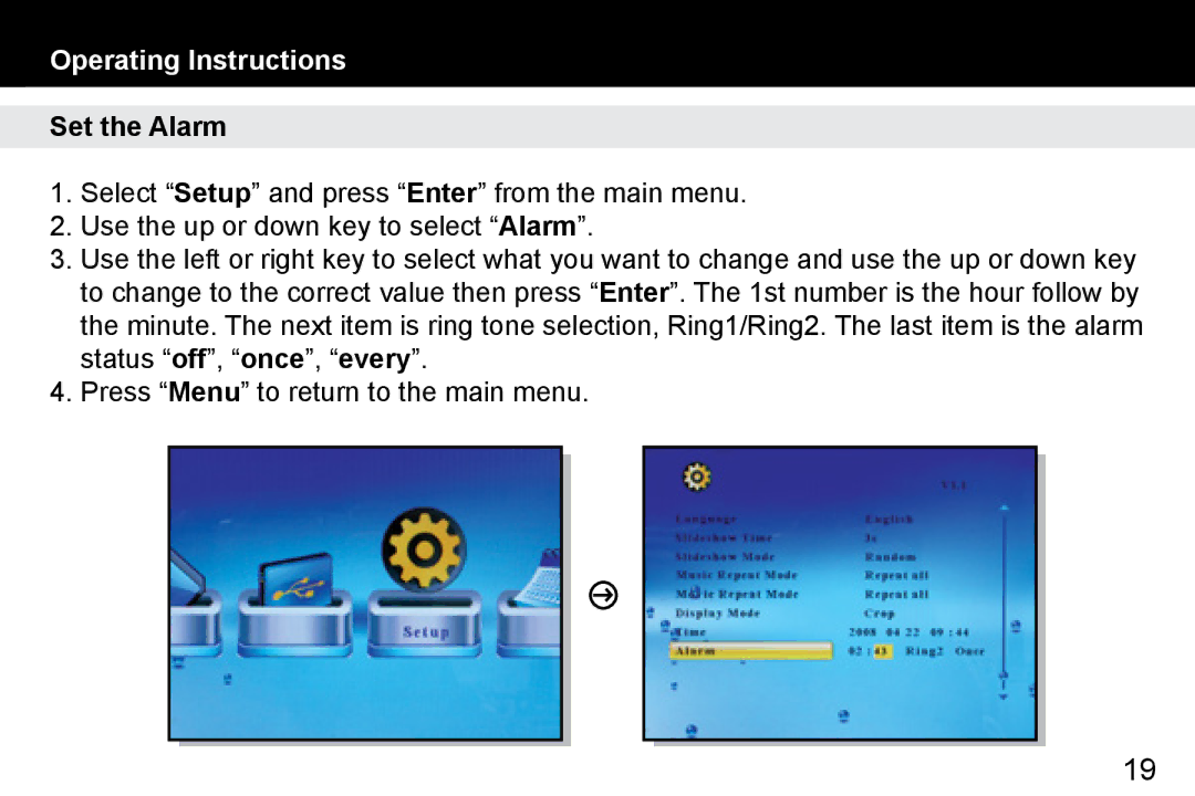 Aluratek ADMPF114F manual Set the Alarm 