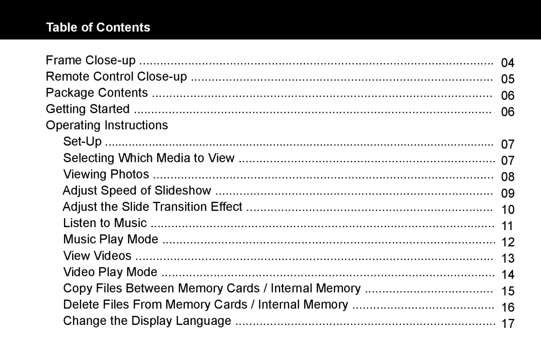 Aluratek ADMPF114F manual Table of Contents 