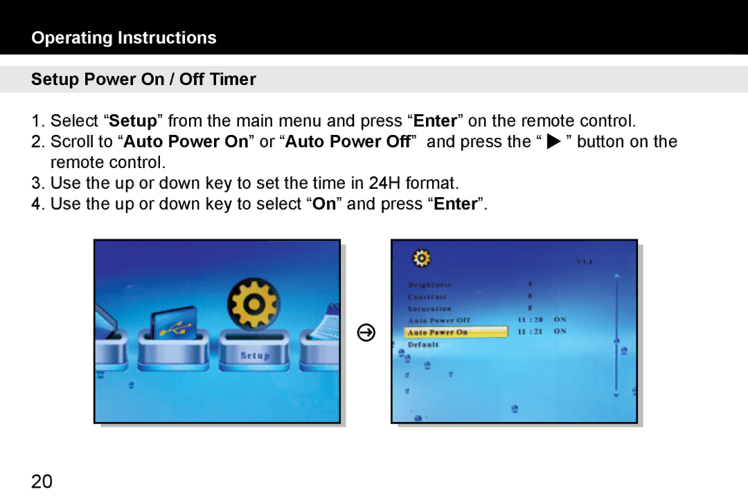 Aluratek ADMPF114F manual Setup Power On / Off Timer 