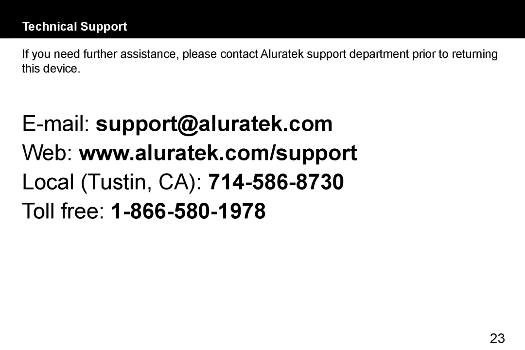 Aluratek ADMPF114F manual Toll free, Technical Support 