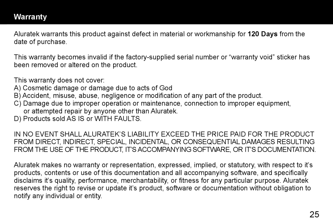 Aluratek ADMPF114F manual Warranty 