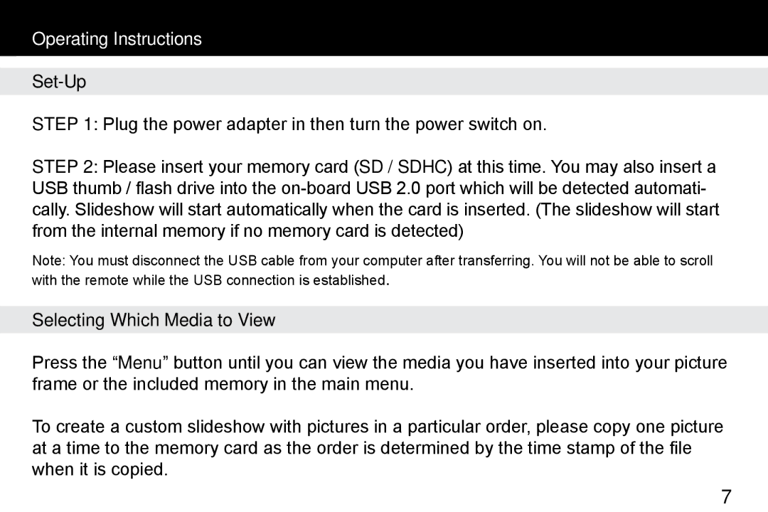 Aluratek ADMPF114F manual Operating Instructions, Set-Up, Selecting Which Media to View 