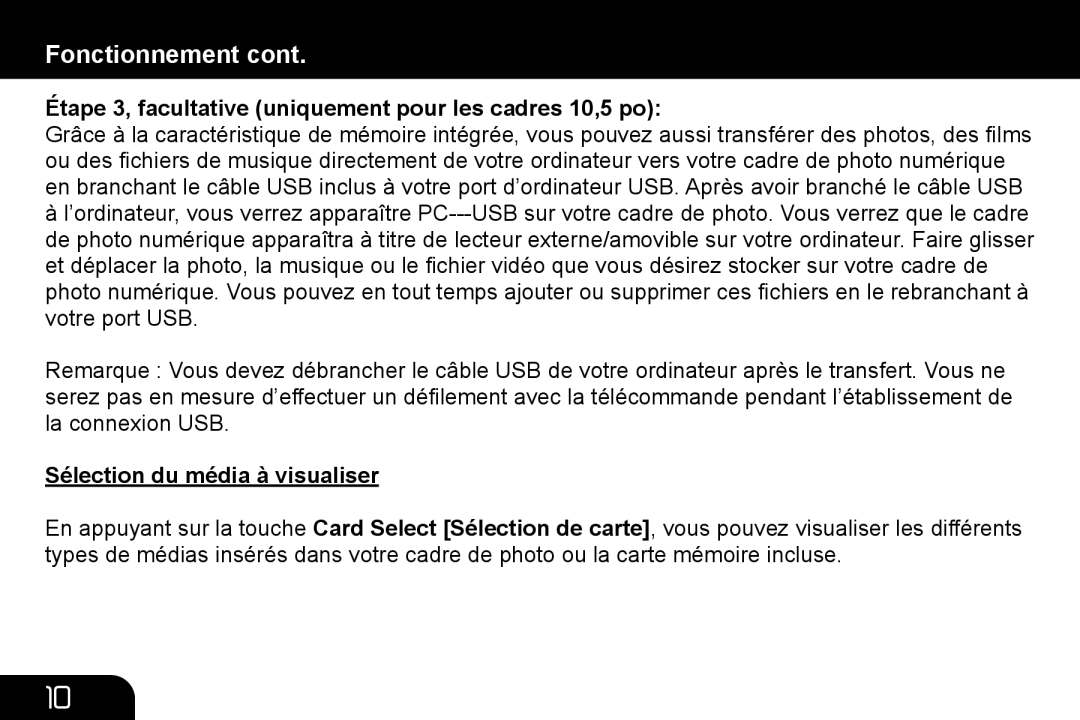 Aluratek ADMPF210, ADMPF312F manual Étape 3, facultative uniquement pour les cadres 10,5 po, Sélection du média à visualiser 