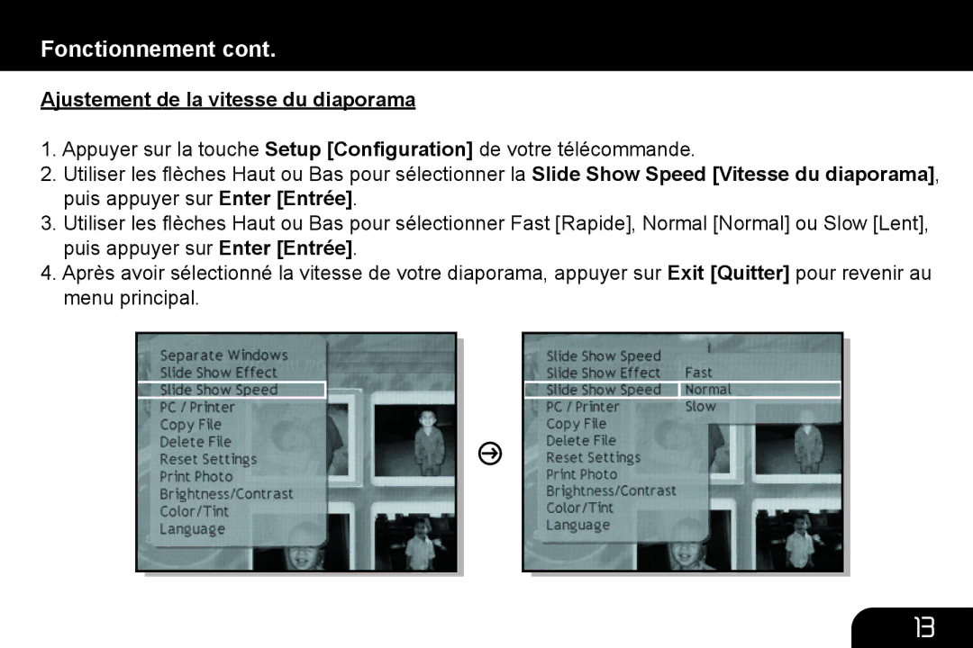 Aluratek ADMPF210, ADMPF312F, ADMPF311F manual Ajustement de la vitesse du diaporama 