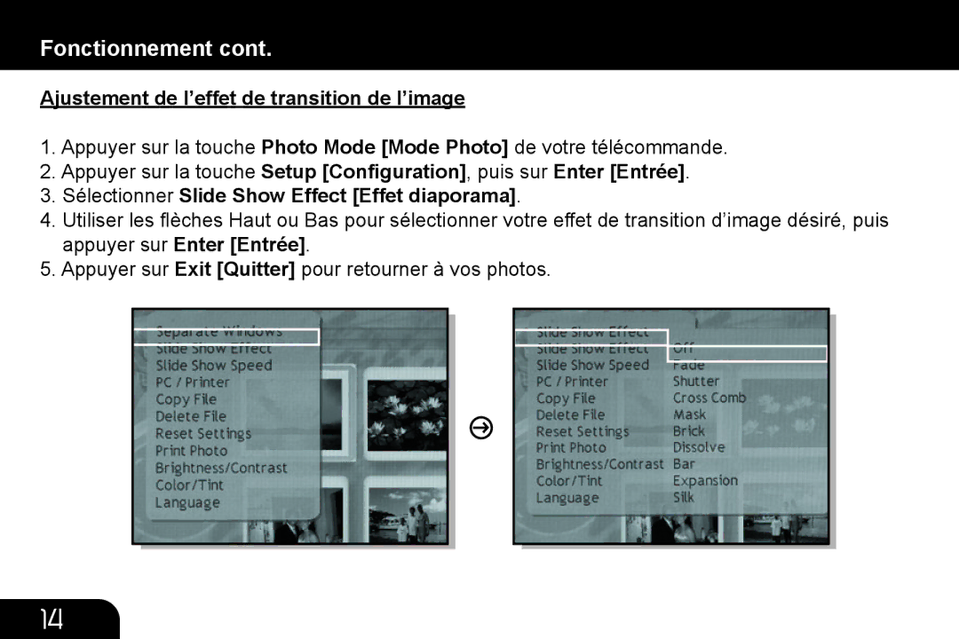 Aluratek ADMPF312F manual Ajustement de l’effet de transition de l’image, Sélectionner Slide Show Effect Effet diaporama 