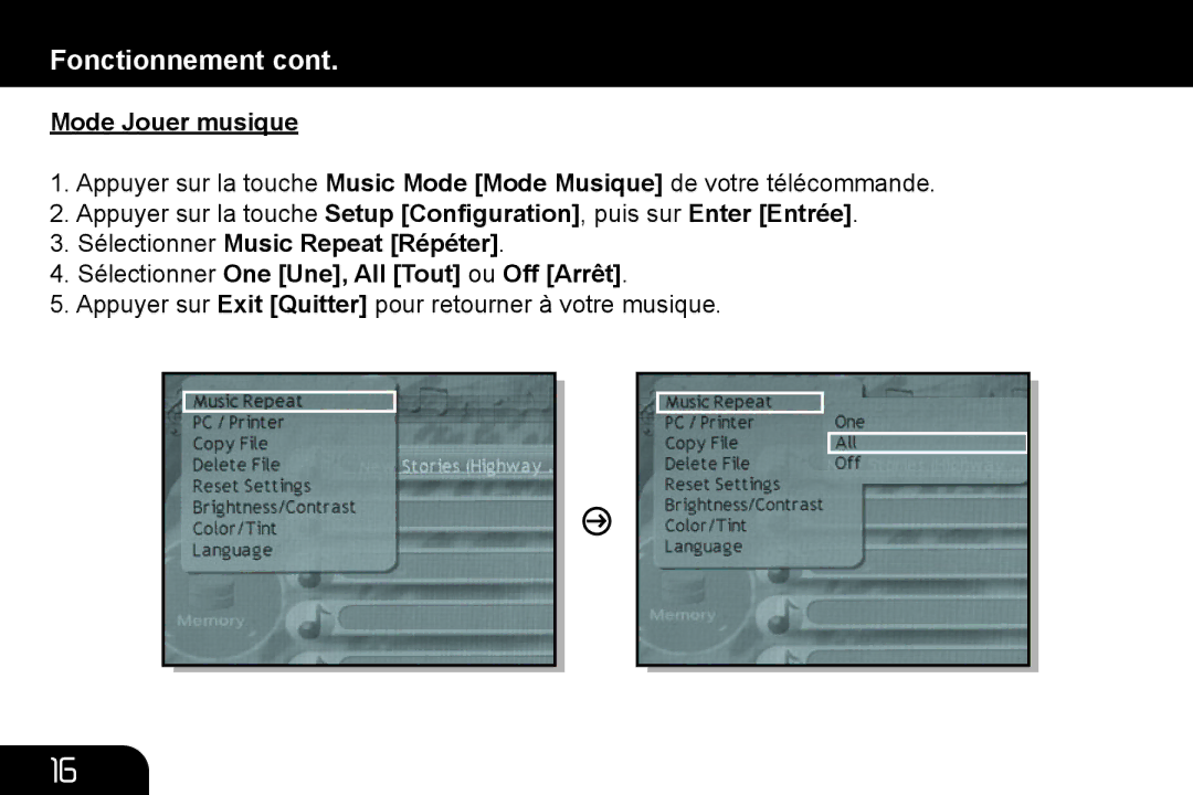 Aluratek ADMPF210, ADMPF312F, ADMPF311F manual Mode Jouer musique 