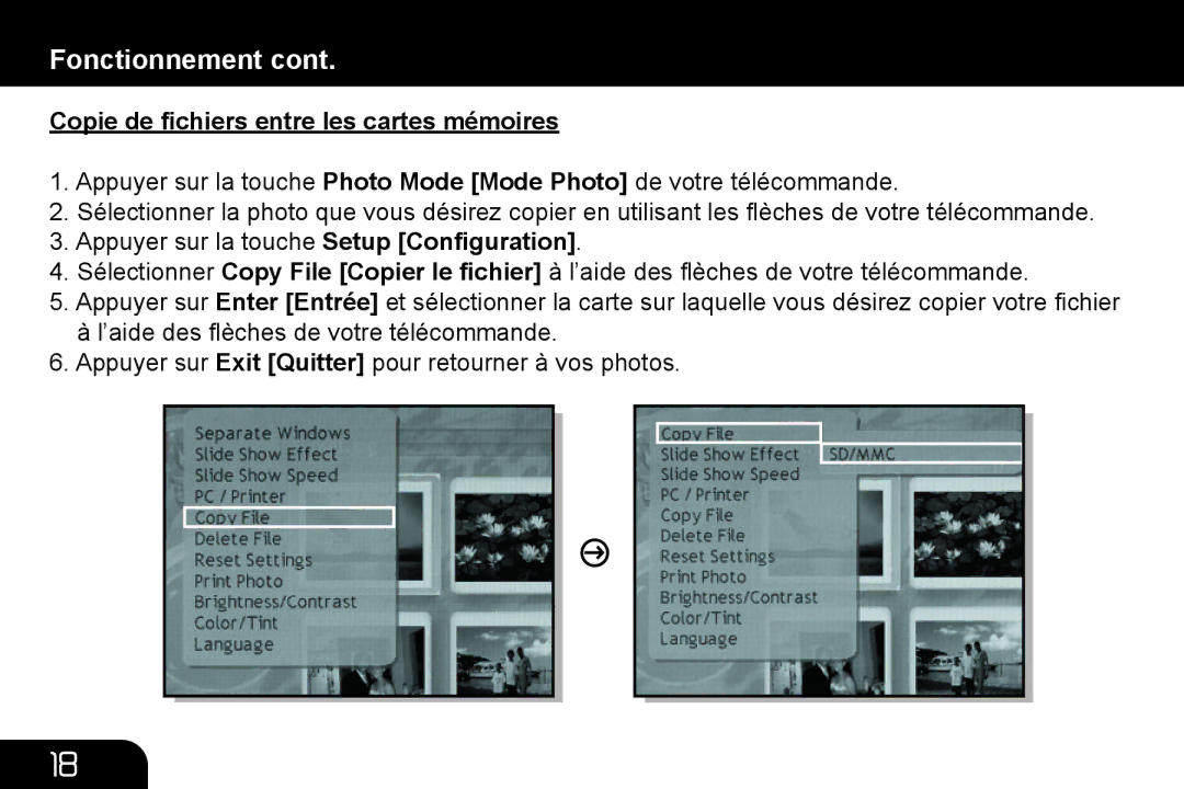 Aluratek ADMPF311F, ADMPF210, ADMPF312F manual Copie de ﬁchiers entre les cartes mémoires 