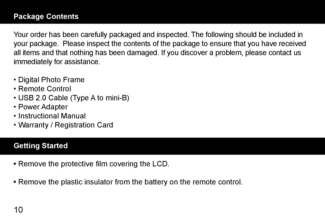 Aluratek ADMPF315F, ADMPF119 manual Package Contents, Getting Started 