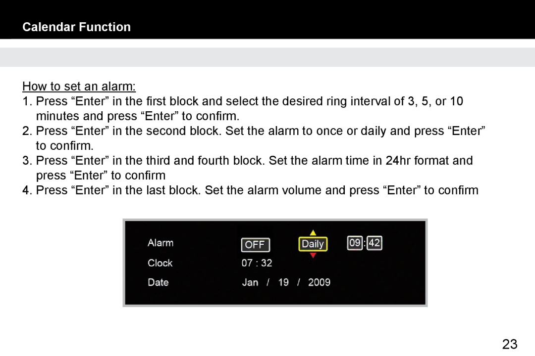 Aluratek ADMPF119, ADMPF315F manual Calendar Function 