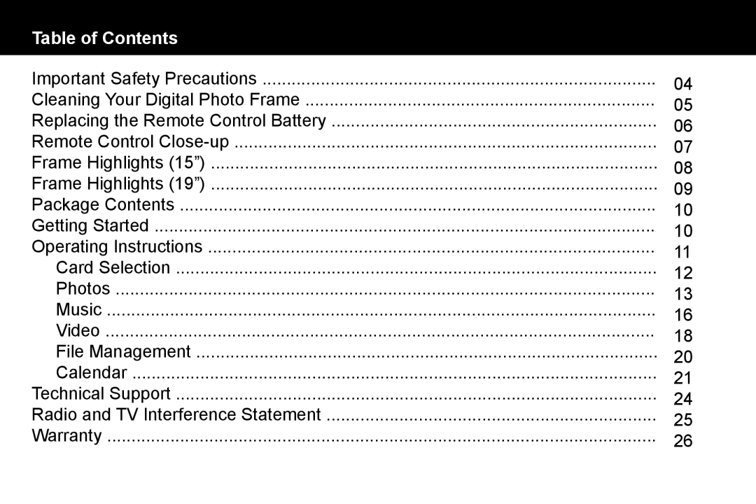 Aluratek ADMPF119, ADMPF315F manual Table of Contents 