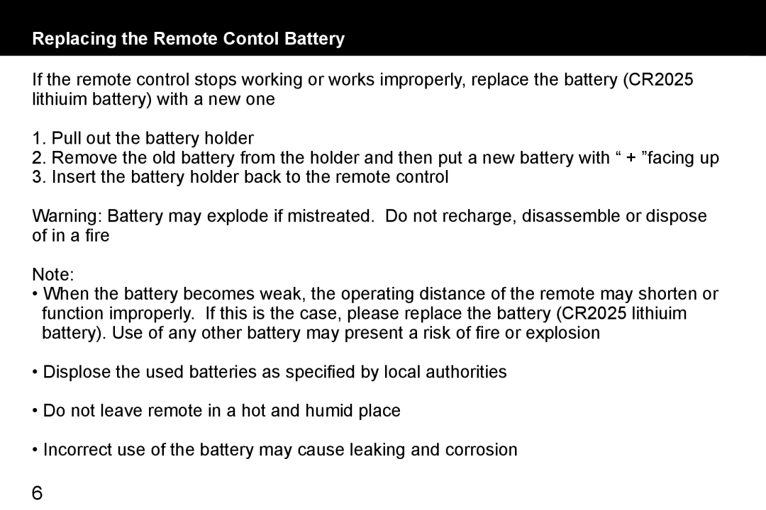 Aluratek ADMPF315F, ADMPF119 manual Replacing the Remote Contol Battery 