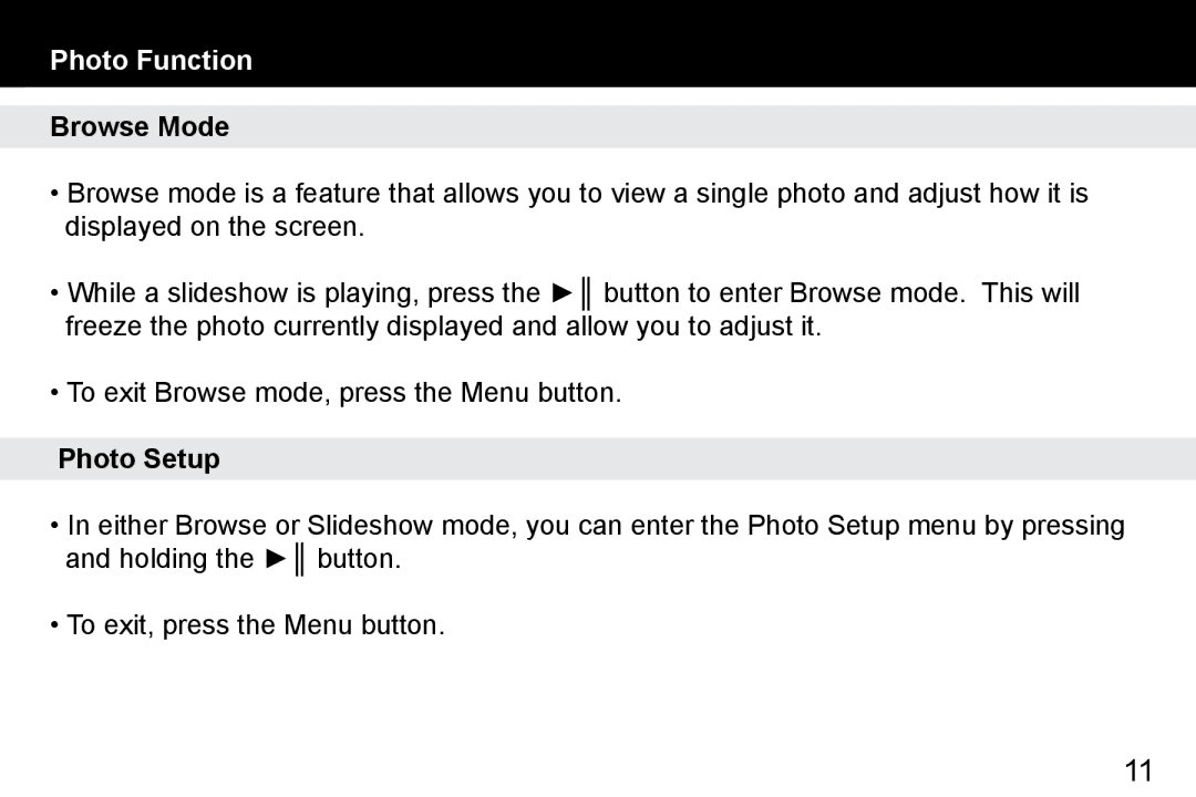 Aluratek ADMPF412F manual Browse Mode, Photo Setup 