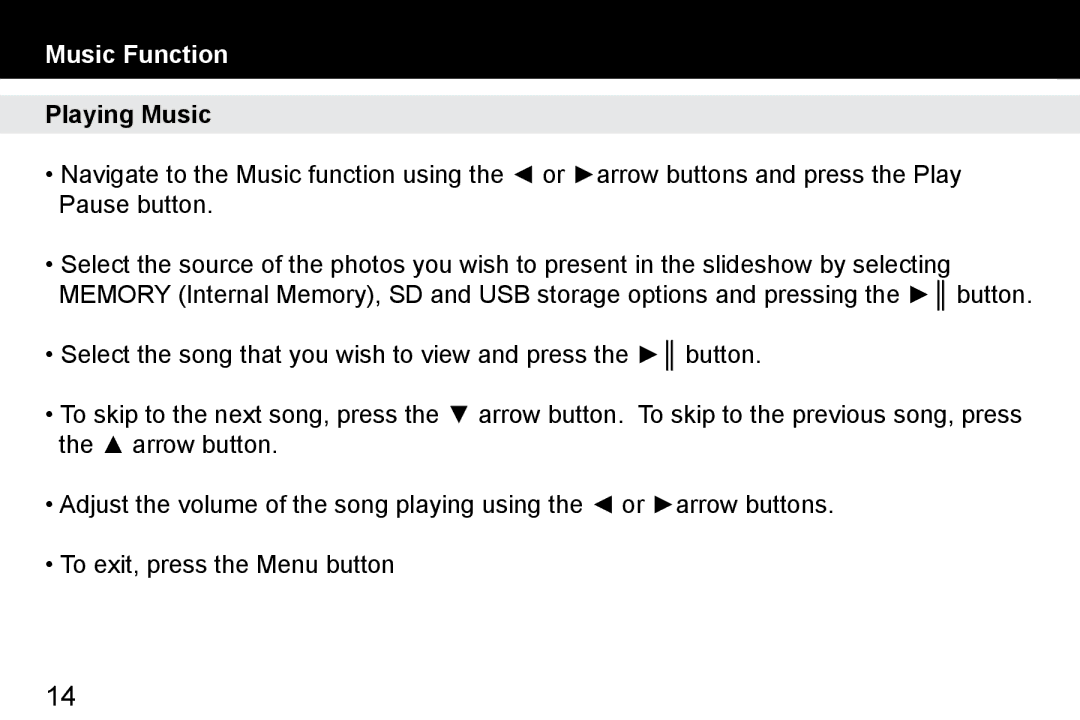 Aluratek ADMPF412F manual Music Function, Playing Music 