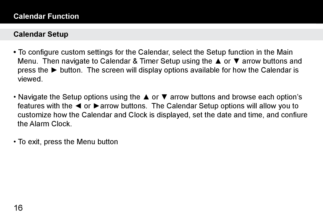 Aluratek ADMPF412F manual Calendar Function, Calendar Setup 