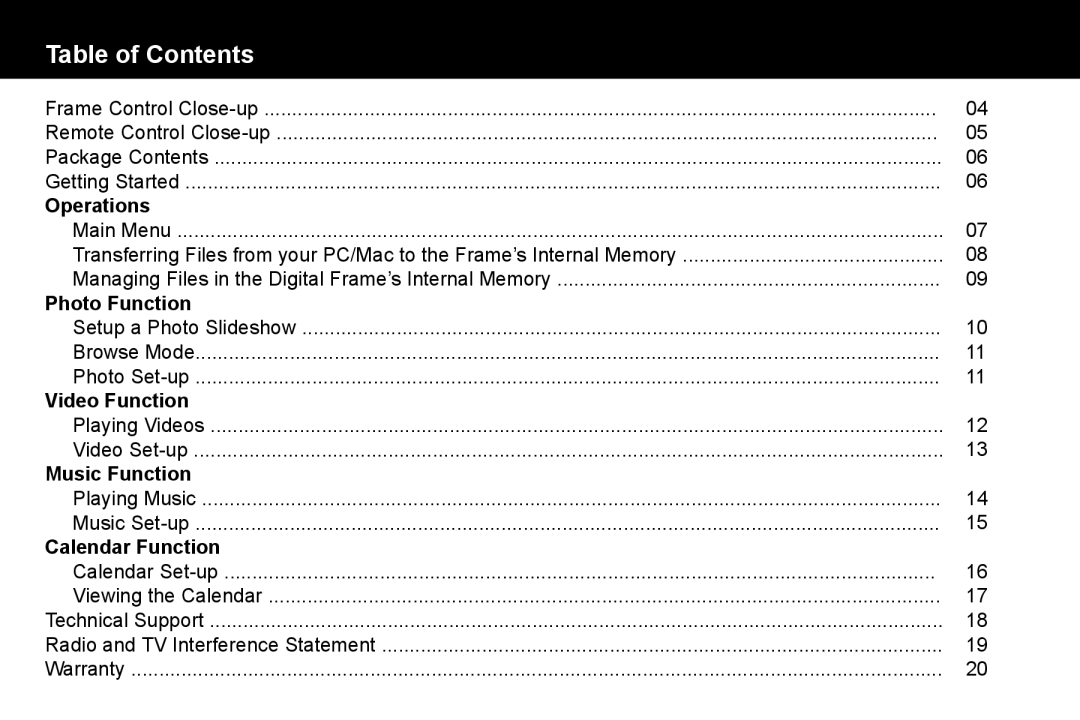 Aluratek ADMPF412F manual Table of Contents 