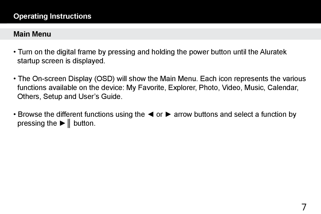 Aluratek ADMPF412F manual Operating Instructions, Main Menu 