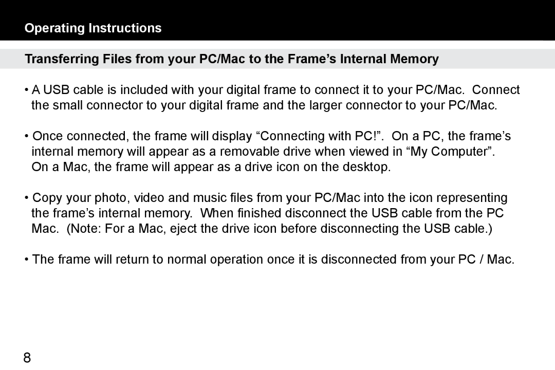 Aluratek ADMPF412F manual Operating Instructions 