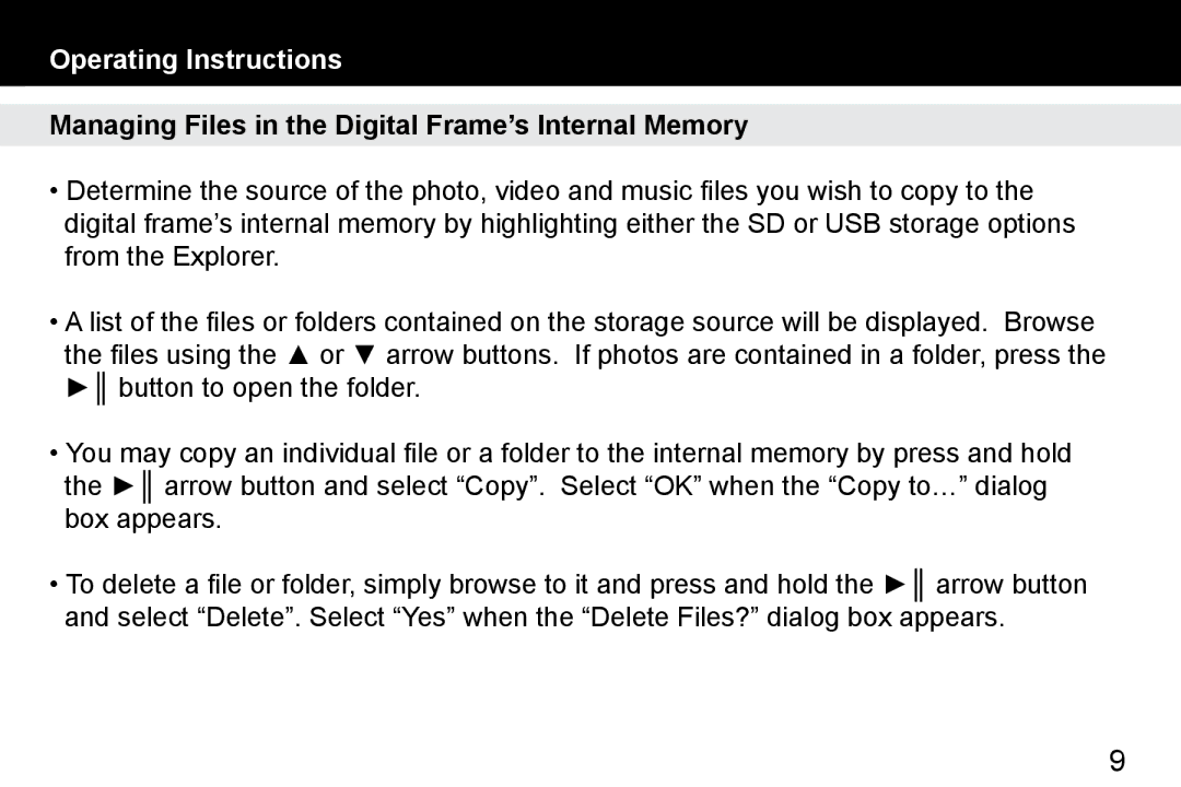 Aluratek ADMPF412F manual Managing Files in the Digital Frame’s Internal Memory 