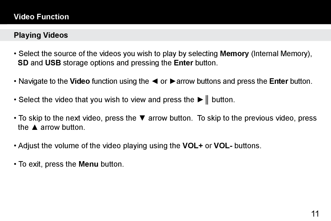 Aluratek ADMPF512F manual Video Function, Playing Videos 