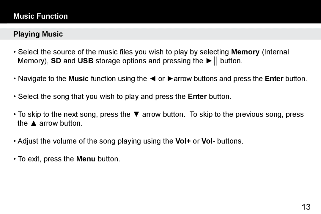 Aluratek ADMPF512F manual Music Function, Playing Music 