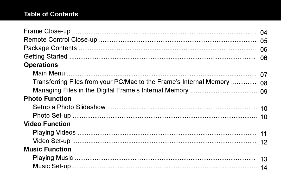 Aluratek ADMPF512F manual Table of Contents 