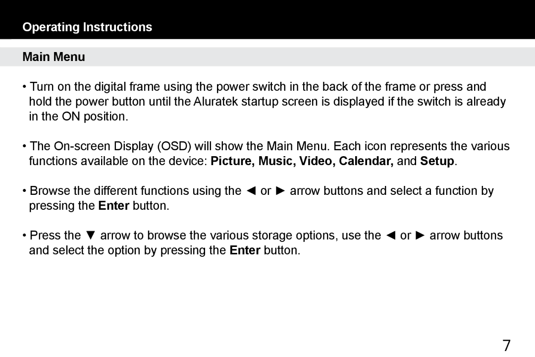 Aluratek ADMPF512F manual Operating Instructions, Main Menu 