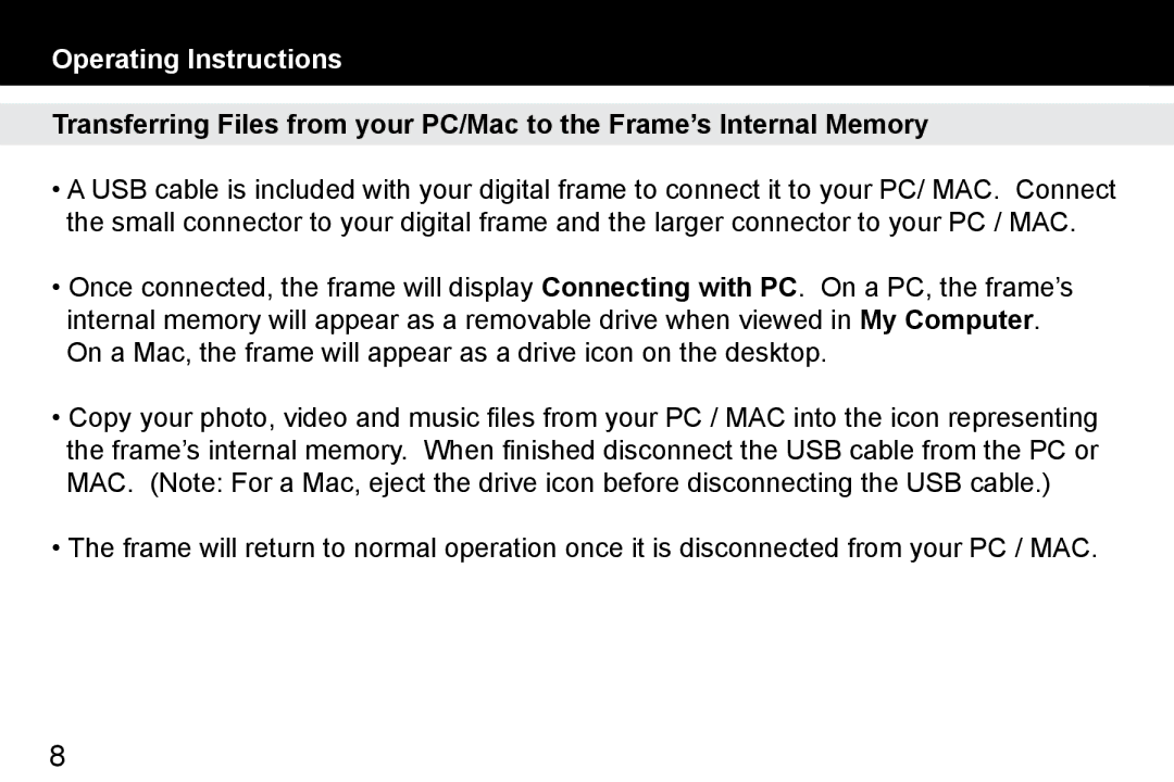 Aluratek ADMPF512F manual Operating Instructions 