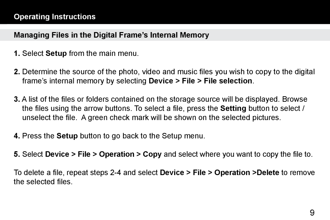 Aluratek ADMPF512F manual Managing Files in the Digital Frame’s Internal Memory 