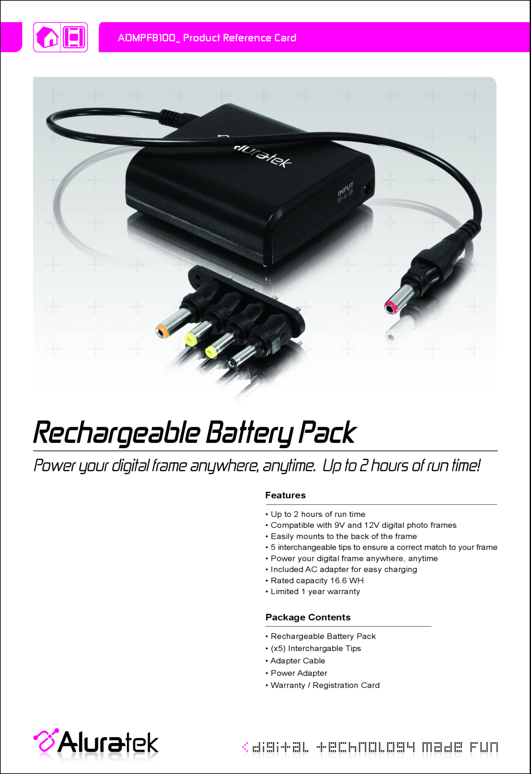 Aluratek warranty Rechargeable Battery Pack, Features, Package Contents, ADMPFB100 Product Reference Card 