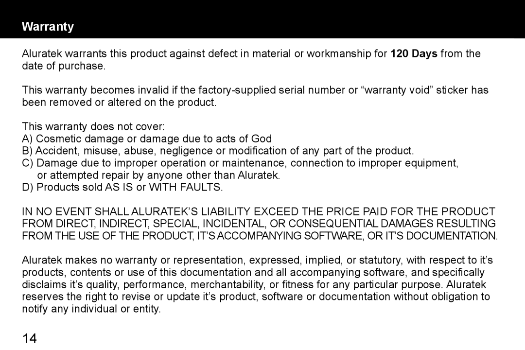 Aluratek ADPF07SF manual Warranty 